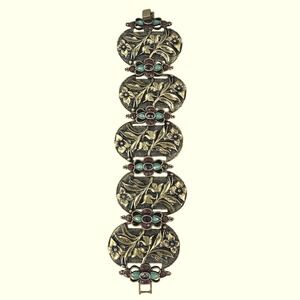 Vintage Gold Tone Floral Panel Link Bracelet Red & Teal Stones Ornate Boho